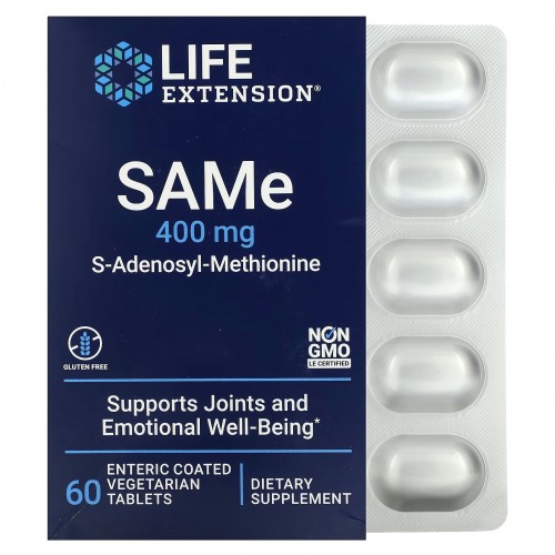 Life Extension, SAMe, S-аденозилметионин, 400 мг, 60 вегетарианских таблеток, покрытых кишечнорастворимой оболочкой Life Extension, SAMe, S-аденозилметионин, 400 мг, 60 вегетарианских таблеток, покрытых кишечнорастворимой оболочкой